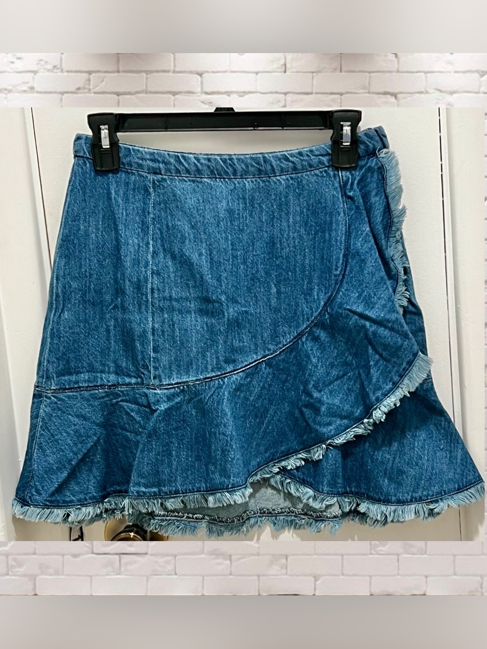 Dance & Marvel Blue Distressed Wrap-Style Denim Mini Skirt